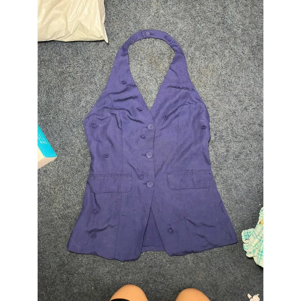 Maeve Linen Blend Halter Vest Size Small Navy Blue Anthropologie Linen Summer - Picture 10 of 15